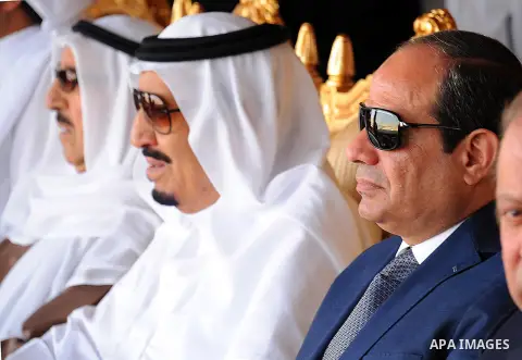 Egyptian President Abdel Fattah al-Sisi attend watches military exercises code named North Thunder with Saudi King Salman in Hafr Al-Baten, Saudi Arabia on March 10, 2016. Photo by Egyptian President Office