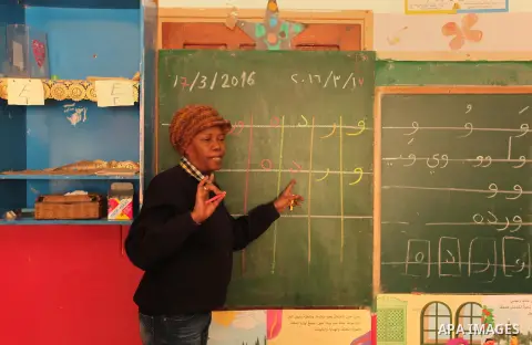 Salwa Sorour learns children inside a kindergarten in Gaza City, on March 16, 2016. 40-year-old Salwa Sorour is the only woman who drives a kindergarten mini-van to transport children in the Gaza Strip. The Palestinian C...