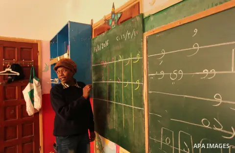 Salwa Sorour learns children inside a kindergarten in Gaza City, on March 16, 2016. 40-year-old Salwa Sorour is the only woman who drives a kindergarten mini-van to transport children in the Gaza Strip. The Palestinian C...