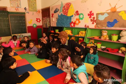 Salwa Sorour learns children inside a kindergarten in Gaza City, on March 16, 2016. 40-year-old Salwa Sorour is the only woman who drives a kindergarten mini-van to transport children in the Gaza Strip. The Palestinian C...