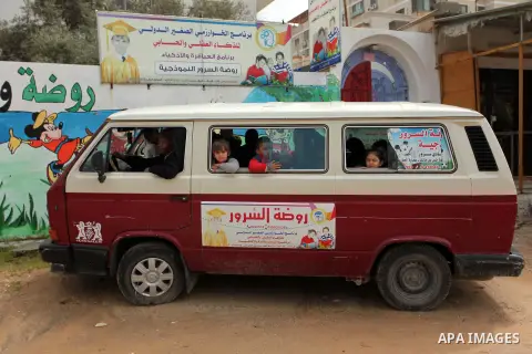 Salwa Sorour drives her mini-van in Gaza City on March 16, 2016. 40-year-old Salwa Sorour is the only woman who drives a kindergarten mini-van to transport children in the Gaza Strip. The Palestinian Central Bureau of St...