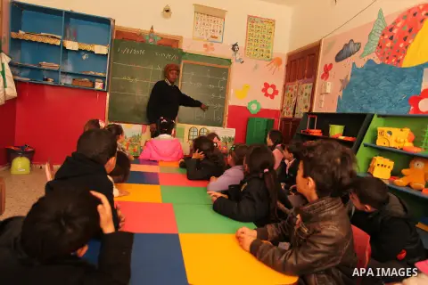 Salwa Sorour learns children inside a kindergarten in Gaza City, on March 16, 2016. 40-year-old Salwa Sorour is the only woman who drives a kindergarten mini-van to transport children in the Gaza Strip. The Palestinian C...