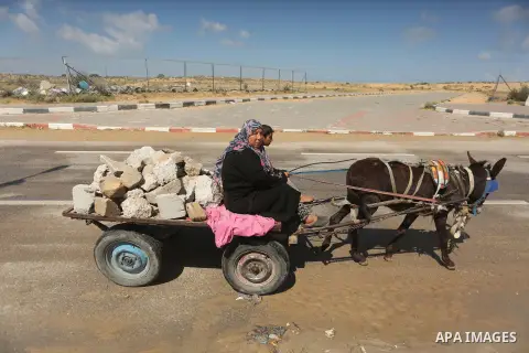 Palestinian woman Jihan Abu Muhsen rides her donkey-drawn cart as she collects bricks for sale from the sites of demolished buildings in Khan Younis in the southern Gaza Strip March 17, 2016. Abu Muhsen gathers bricks fr...
