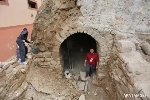 Palestinian workers renovate the archaeological Maqam Al-Khader, in Deir al-Balah, central Gaza on March 24, 2016. Maqam Al-Kader is one of the monuments of the city of Deir al-Balah, the Ministry of Tourism and Antiquit...