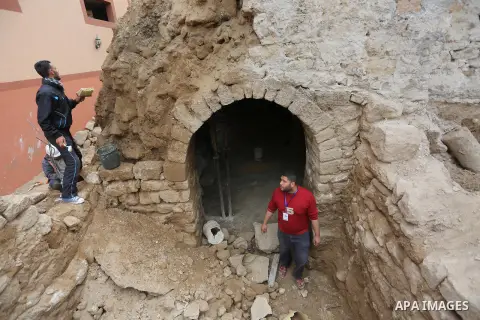 Palestinian workers renovate the archaeological Maqam Al-Khader, in Deir al-Balah, central Gaza on March 24, 2016. Maqam Al-Kader is one of the monuments of the city of Deir al-Balah, the Ministry of Tourism and Antiquit...