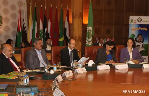 Representatives of the member states of the League of Arab States attend the meeting to mark the Arabian's day of orphan at the Arab League headquarters, in Cairo, Egypt on March 29, 2016. Photo by Stranger