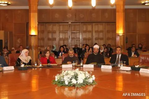 Representatives of the member states of the League of Arab States attend the meeting to mark the Arabian's day of orphan at the Arab League headquarters, in Cairo, Egypt on March 29, 2016. Photo by Stranger