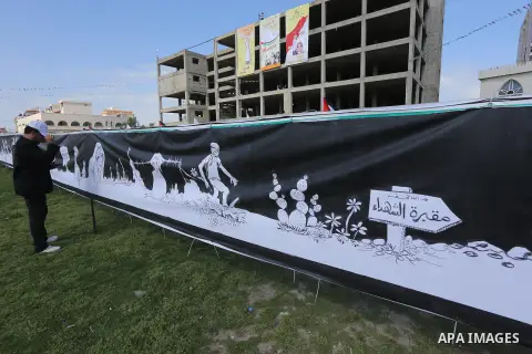 A Palestinian artist paints a mural during a rally marking Land Day, in Gaza City March 30, 2016. March 30 marks Land Day, the annual commemorations of the killing by police of six Arab citizens in 1976 during protests a...