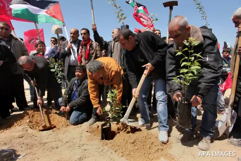 Palestinian protesters plant olive trees during a rally to mark Land Day, near the Nahal Oz crossing east of Gaza City on March 31, 2016. The annual commemorations of the killing by police of six Arab citizens in 1976 du...