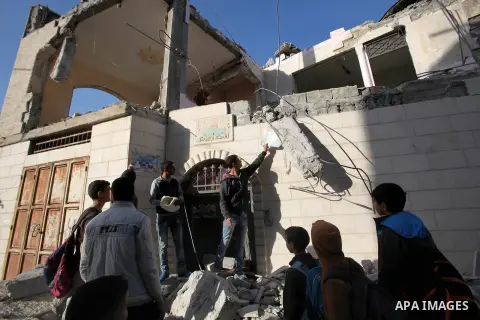 Palestinians inspect the rubble of of their house that were demolished by the Israeli bulldozers, in the village of Qabatiya south of Jenin, on April 4, 2016. The three Palestinians to whom the houses belonged were shot...