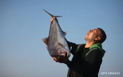 A Palestinian fisherman displays fish for sale, in Gaza seaport, on April 4, 2016. Israel on Sunday extended the distance it permits Gaza fishermen to head out to sea along certain parts of the coastline of the enclave,...