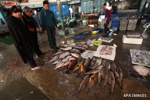 Palestinian fishermen display fish for sale, in Gaza seaport, on April 4, 2016. Israel on Sunday extended the distance it permits Gaza fishermen to head out to sea along certain parts of the coastline of the enclave, whi...