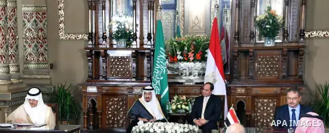 A handout picture released by the Egyptian Presidency on April 10, 2016 shows Egyptian President Abdel Fattah al-Sisi meeting with Saudi King Salman bin Abdulaziz as part of a signing ceremony for bilateral aggrements at...