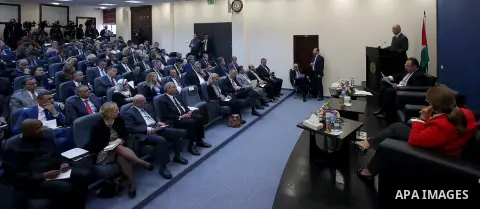 Palestinian prime Minister, Rami Hamdalah, speaks during a press conference on the reconstruction of Gaza strip, in the West bank of Ramallah on April 13, 2016. Photo by Prime Minister Office