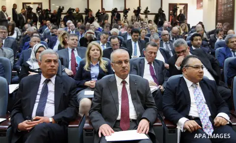 Palestinian prime Minister, Rami Hamdalah, speaks during a press conference on the reconstruction of Gaza strip, in the West bank of Ramallah on April 13, 2016. Photo by Prime Minister Office