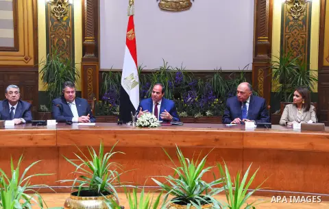 Egyptian President Abdel Fattah al-Sisi speaks during a meeting with German economy minister Sigmar Gabriel and German business delegates in the presidential palace of Cairo, Egypt, on April 17, 2016. Along with a busine...