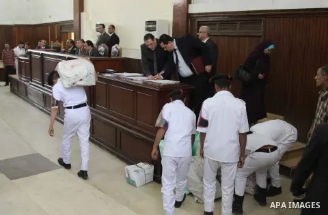 Egyptian judges attend the trial of Egyptian former interior minister Habib al-Adly on the charges of corruption, in Cairo, Egypt on April 19, 2016. Habib al-Adly served as interior minister of Egypt from 1997 to 2011, h...