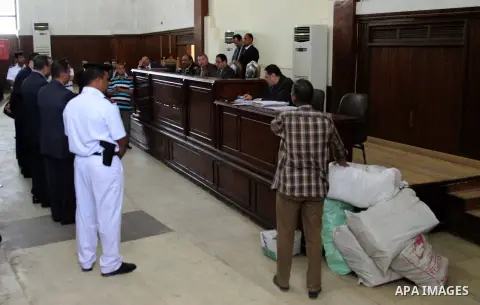 Egyptian judges attend the trial of Egyptian former interior minister Habib al-Adly on the charges of corruption, in Cairo, Egypt on April 19, 2016. Habib al-Adly served as interior minister of Egypt from 1997 to 2011, h...
