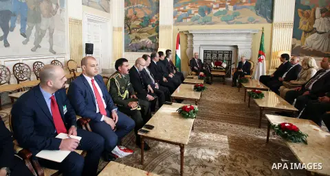 President of the Algerian Senate, Abdelkader Bensalah, meets with Palestinian Prime Minister Rami Hamdallah during his visit to Algeria, on April 19, 2016. Photo by Prime Minister Office