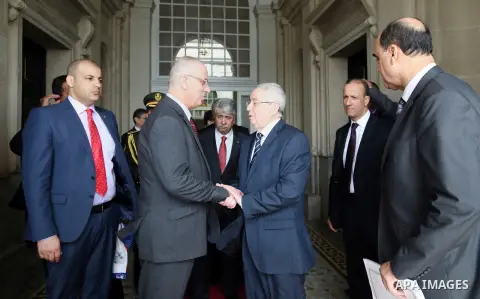 President of the Algerian Senate, Abdelkader Bensalah, meets with Palestinian Prime Minister Rami Hamdallah during his visit to Algeria, on April 19, 2016. Photo by Prime Minister Office