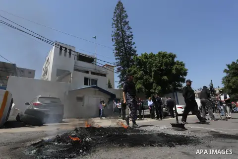 Palestinian owners of houses which were destroyed during the recent Israeli war, take part in a protest, in front of high commissioner for human rights headquarters, in Gaza City on April 20, 2016. Israeli occupation pri...
