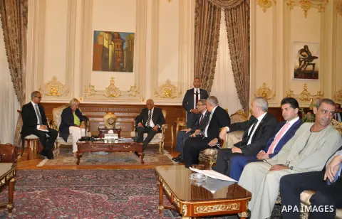 Speaker of Egypt's parliament, Ali Abdel-Al, meets with German delegation at the parliament headquarters in Cairo, April 20, 2016. Photo by Stringer