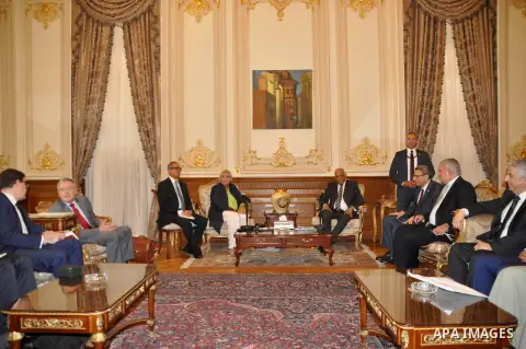 Speaker of Egypt's parliament, Ali Abdel-Al, meets with German delegation at the parliament headquarters in Cairo, April 20, 2016. Photo by Stringer