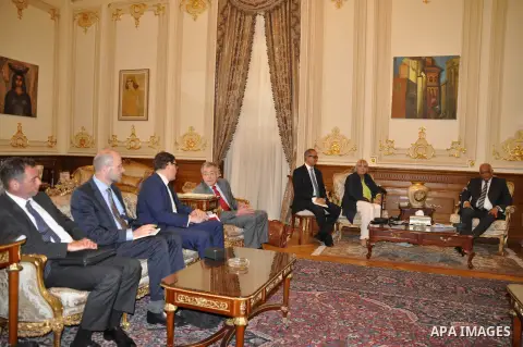 Speaker of Egypt's parliament, Ali Abdel-Al, meets with German delegation at the parliament headquarters in Cairo, April 20, 2016. Photo by Stringer