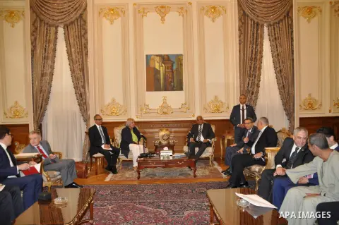 Speaker of Egypt's parliament, Ali Abdel-Al, meets with German delegation at the parliament headquarters in Cairo, April 20, 2016. Photo by Stringer