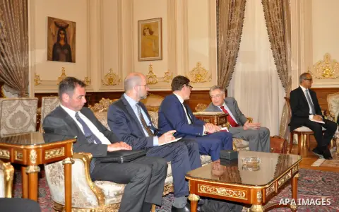 Speaker of Egypt's parliament, Ali Abdel-Al, meets with German delegation at the parliament headquarters in Cairo, April 20, 2016. Photo by Stringer