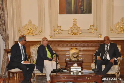 Speaker of Egypt's parliament, Ali Abdel-Al, meets with German delegation at the parliament headquarters in Cairo, April 20, 2016. Photo by Stringer