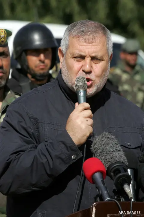 Islamic Jihad leader Khaled al-Batsh speaks as Members of Palestinian security forces loyal to Hamas deployed to maintain security on the border of southern Gaza Strip with Egypt, April 21, 2016. Hamas began deploying ad...