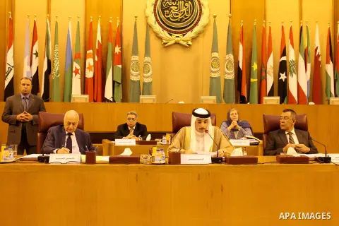 Permanent delegates of Arab countries in League of Arab States attend a meeting at the Arab League headquarters to discuss the Israeli Prime Minister's remarks Benjamin Netanyahu about Golan Heights in Cairo, Egypt, on A...
