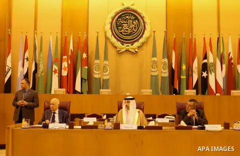 Permanent delegates of Arab countries in League of Arab States attend a meeting at the Arab League headquarters to discuss the Israeli Prime Minister's remarks Benjamin Netanyahu about Golan Heights in Cairo, Egypt, on A...