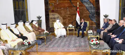 Egyptian President Abdel Fattah al-Sisi meets with Sheikh Mohammed bin Zayed al-Nahyan, Crown Prince of Abu Dhabi, in the capital Cairo on April 21, 2016. Photo by Egyptian President Office