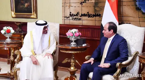 Egyptian President Abdel Fattah al-Sisi meets with Sheikh Mohammed bin Zayed al-Nahyan, Crown Prince of Abu Dhabi, in the capital Cairo on April 21, 2016. Photo by Egyptian President Office