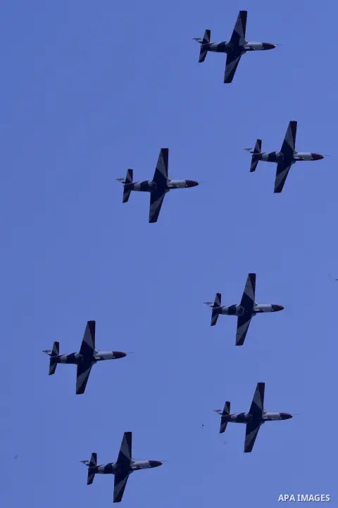 Egyptian air force planes participate in an air parade during a celebration the anniversary of Sinai Liberation Day in Cairo, Egypt, April 25, 2016. Photo by Amr Sayed