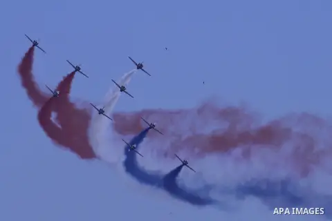 Egyptian air force planes participate in an air parade during a celebration the anniversary of Sinai Liberation Day in Cairo, Egypt, April 25, 2016. Photo by Amr Sayed