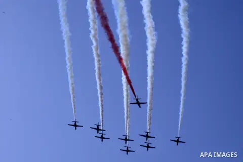 Egyptian air force planes participate in an air parade during a celebration the anniversary of Sinai Liberation Day in Cairo, Egypt, April 25, 2016. Photo by Amr Sayed