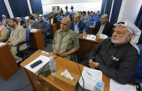Members of the Palestinian legislative council from Hamas movement attend a meeting at the legislative council in Gaza city on, on April 27, 2016. Photo by Mohammed Asad