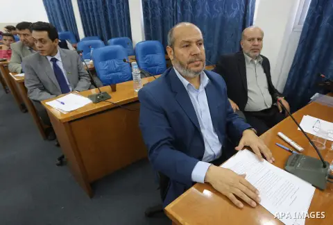 Members of the Palestinian legislative council from Hamas movement attend a meeting at the legislative council in Gaza city on, on April 27, 2016. Photo by Mohammed Asad