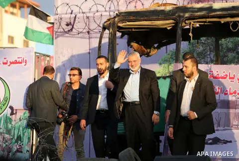 The head of the Islamist Palestinian movement Hamas, Ismail Haniya, attends an anti-Israel rally in Gaza City on April 28, 2016. Photo by Mohammed Asad