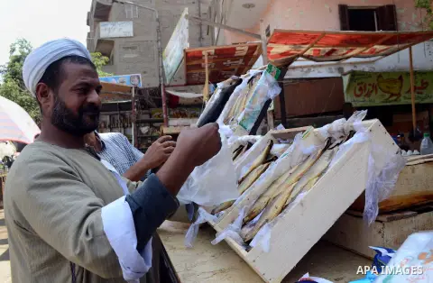Egyptians buy the Herring or, salted fish during preparation for the upcoming the Sham El Nessim, or the Festival of Spring Breeze, which marks the beginning of spring, in Cair, on April 30, 2016. Photo by Amr Sayed