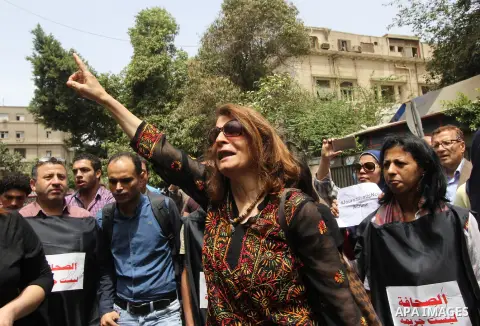 Egyptian Journalists take part during a protest against the arrests of fellow journalists in the capital Cairo on May 4, 2016. Photo by Amr Sayed