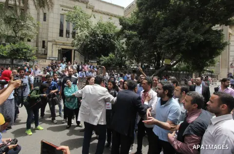 Egyptian Journalists take part during a protest against the arrests of fellow journalists in the capital Cairo on May 4, 2016. Photo by Amr Sayed