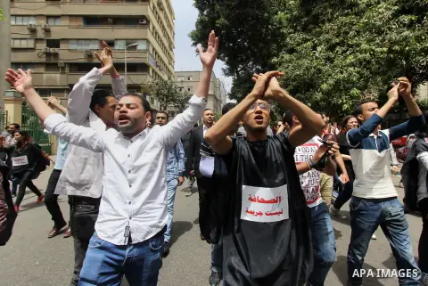 Egyptian Journalists take part during a protest against the arrests of fellow journalists in the capital Cairo on May 4, 2016. Photo by Amr Sayed