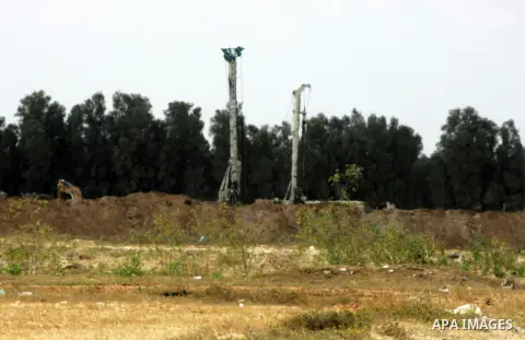 A picture taken on May 7, 2016 shows drills bits along the border with the Gaza Strip as Israeli forces search for tunnels in an area near Rafah in the southern Gaza Strip near the border with Israel. There was no immedi...