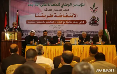 Palestinian Leaders take part in a press conference, in Gaza city, on may 14, 2016. Photo by Mohammed Asad