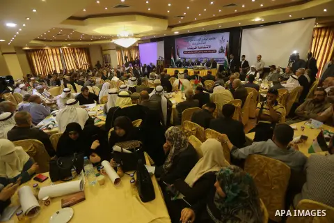 Palestinian Leaders take part in a press conference, in Gaza city, on may 14, 2016. Photo by Mohammed Asad