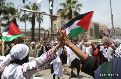 Palestinians re-enact a scene from the 1948 Nakba during a rally marking the 68th anniversary of the Nakba in the West Bank city of Ramallah May 15, 2016. "Nakba" means in Arabic "catastrophe" in reference to the birth o...